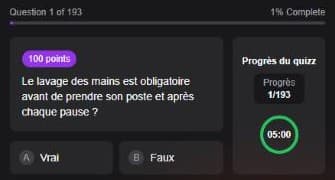 Exemple de question vrai/faux avec la progression et le chrono de cinq minutes