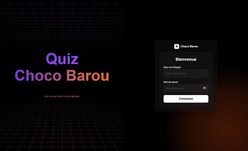 Chocobarou Quiz : écran de connexion des équipes, titre en dégradé sur fond de grille rétro
