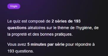 Règles du quiz : deux séries de 193 questions aléatoires, cinq minutes par série