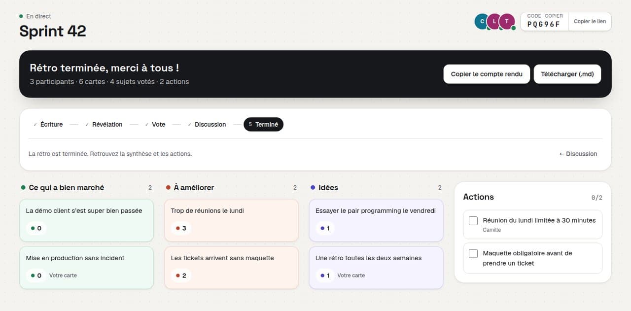 Fin de rétro : synthèse et export du compte rendu