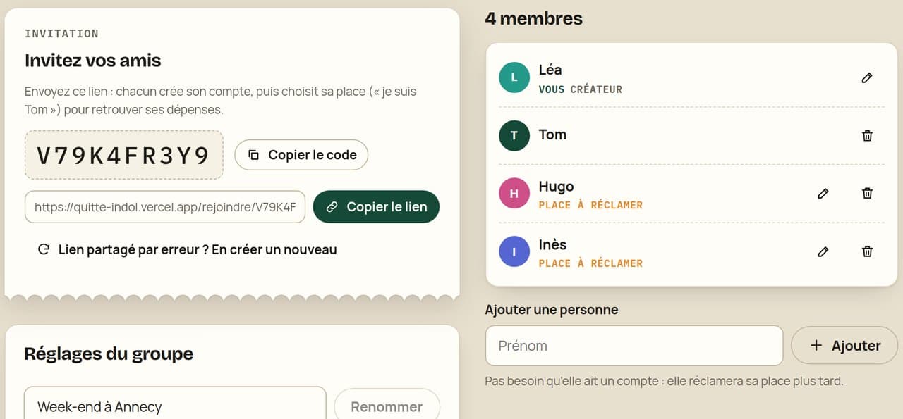 Invitation par code ou par lien, et membres avec leur place à réclamer