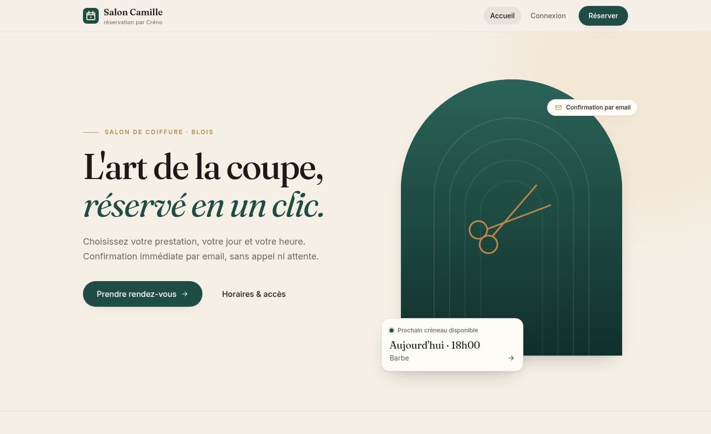 Page d'accueil de Créno : réservation en ligne pour le Salon Camille