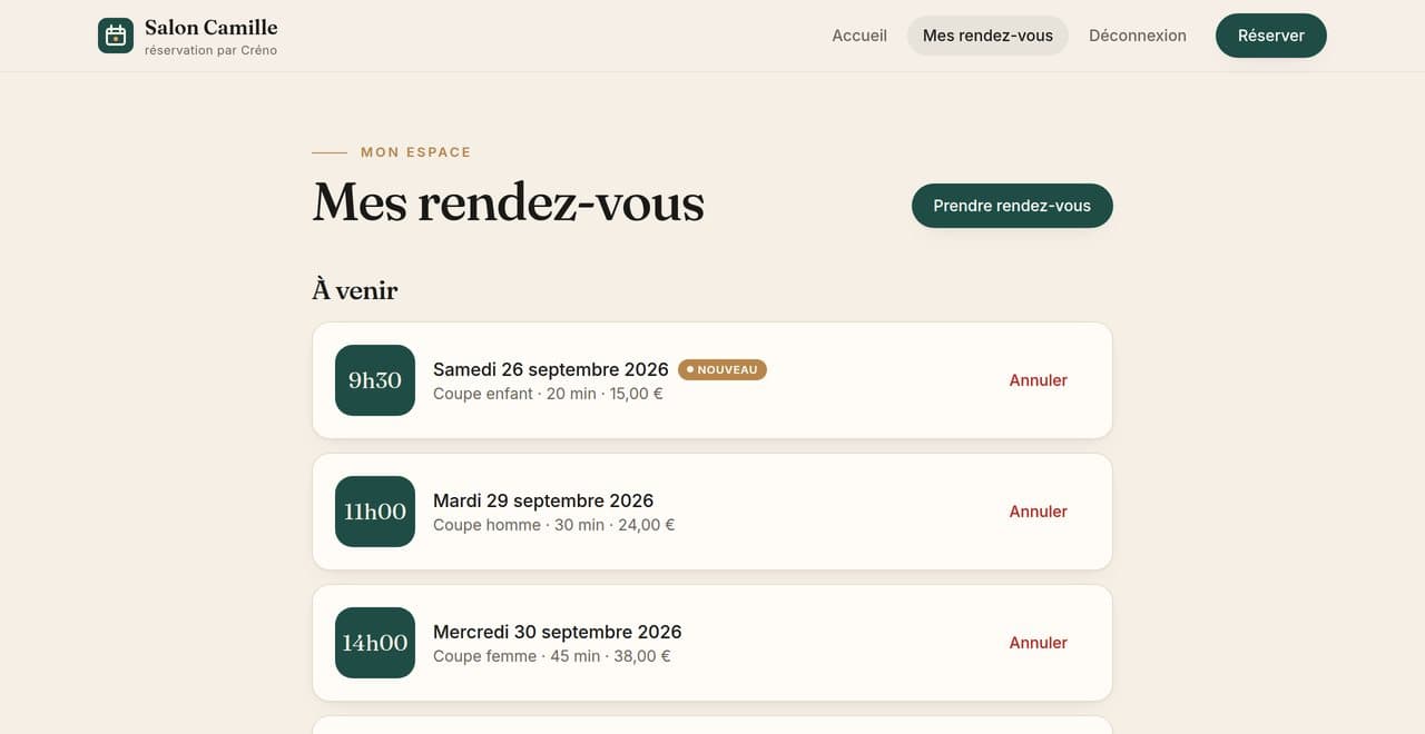 Espace client avec les rendez-vous à venir et le tag « Nouveau »