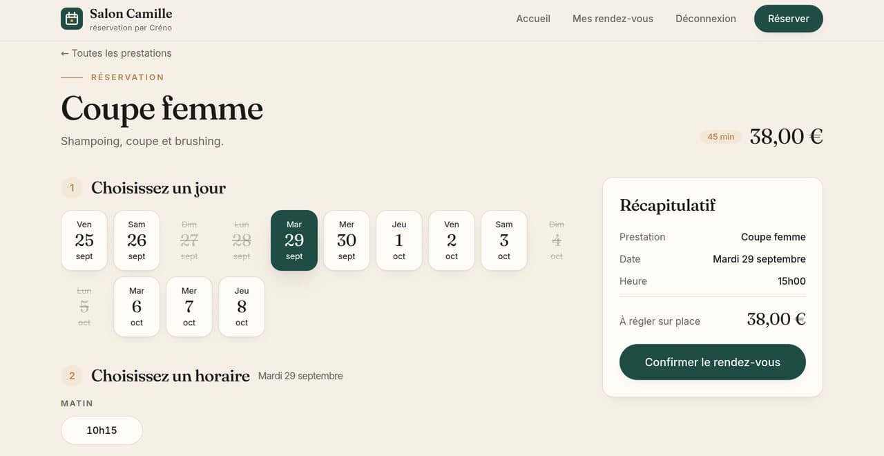 Page de réservation : choix du jour, des horaires libres et récapitulatif
