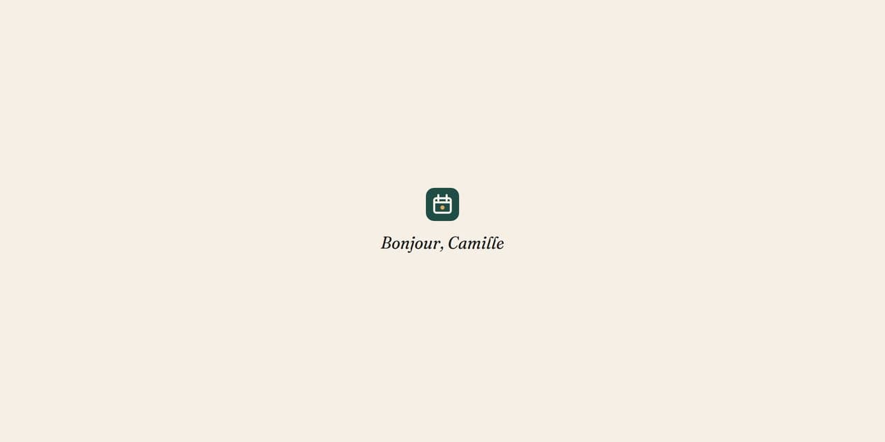 Transition de connexion affichant « Bonjour, Camille »