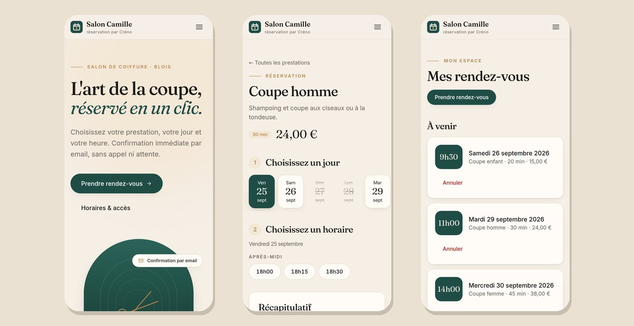 Page d'accueil de Créno pour le Salon Camille : « L'art de la coupe, réservé en un clic »